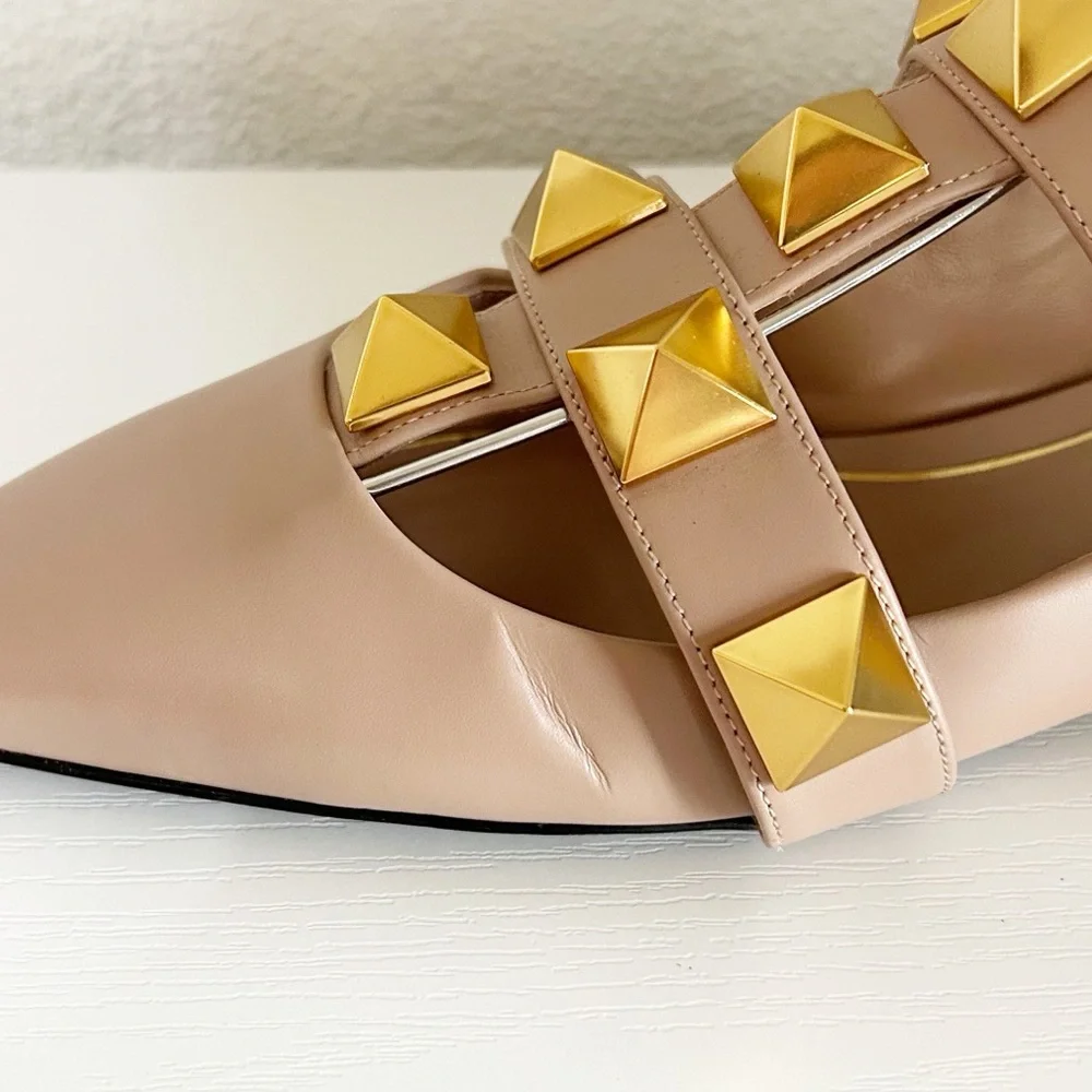 Valentino Garavani Roman Stud Nude Leather Pointed Toe Flats Size EU 39